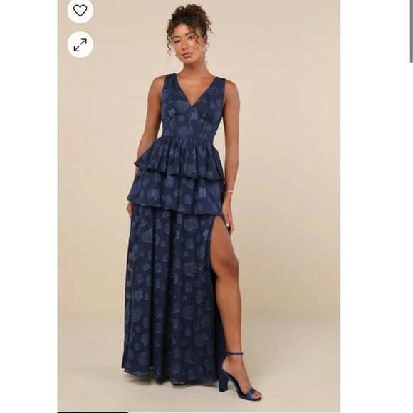 Lulus Dresses & Skirts - Lulu’s Dress Cherished Elegance Navy Blue Burnout Jacquard Tiered Maxi Dress Med
